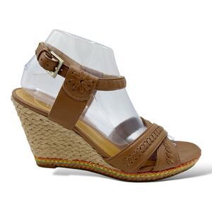 JACK ROGERS Cognac Brown Leather ABBEY Jute Wedge Sandal Colorful Trim‎ Sz 9